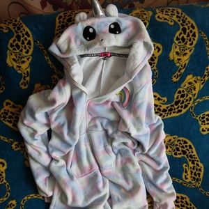 Unicorn hood zip up onesie Jr's size LG